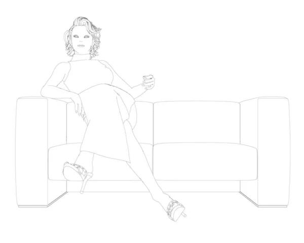 Το περίγραμμα ενός κοριτσιού με φόρεμα που κάθεται σε έναν καναπέ απομονωμένο σε λευκό φόντο. Εικονογράφηση διανύσματος — Διανυσματικό Αρχείο