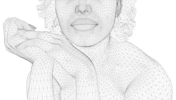 Wireframe de cara de chica medio oculto aislado sobre fondo blanco. 3D. Ilustración vectorial — Vector de stock