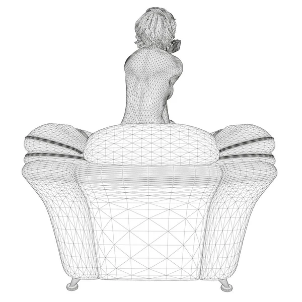 Wireframe ragazza nuda si siede su un divano isolato su sfondo bianco. 3D. Vista posteriore. Illustrazione vettoriale — Vettoriale Stock