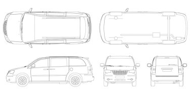 Beyaz arka planda izole edilmiş siyah çizgilerden oluşan araba hatlarıyla ayarlanmış. Ön, arka, alt, üst, yan görüş. Vektör illüstrasyonu