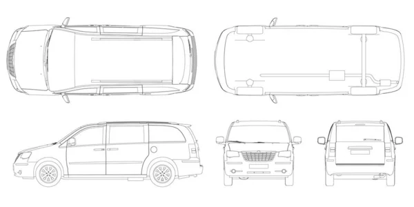 Beyaz arka planda izole edilmiş siyah çizgilerden oluşan araba hatlarıyla ayarlanmış. Ön, arka, alt, üst, yan görüş. Vektör illüstrasyonu