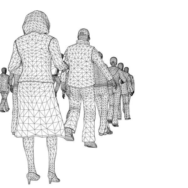 Multitud de personas de pie en una fila de líneas negras aisladas sobre fondo blanco. 3D. Una cola de gente. Ilustración vectorial — Archivo Imágenes Vectoriales