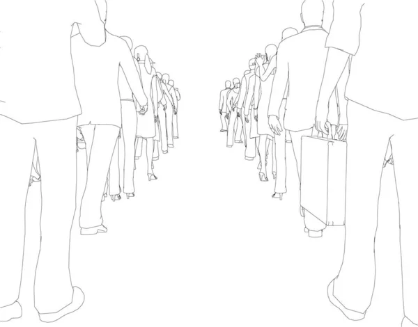 Contour of a crowd of people standing in a row from two sides from black lines isolated on a white background. Queue of people. Vector illustration — Stock Vector