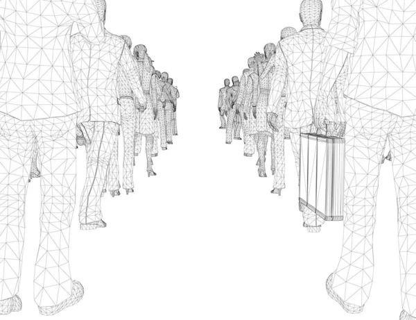 Drátěný rám davu lidí stojících v řadě ze dvou stran z černých linií izolovaných na bílém pozadí. 3D. Fronta lidí. Vektorová ilustrace — Stockový vektor