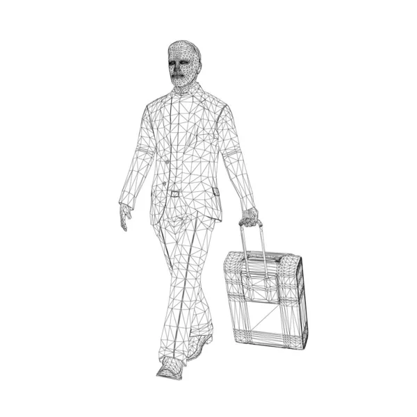 Drátěný rám chodícího muže s kufrem na kolečkách z černých linií izolovaných na bílém pozadí. 3D. Vektorová ilustrace — Stockový vektor