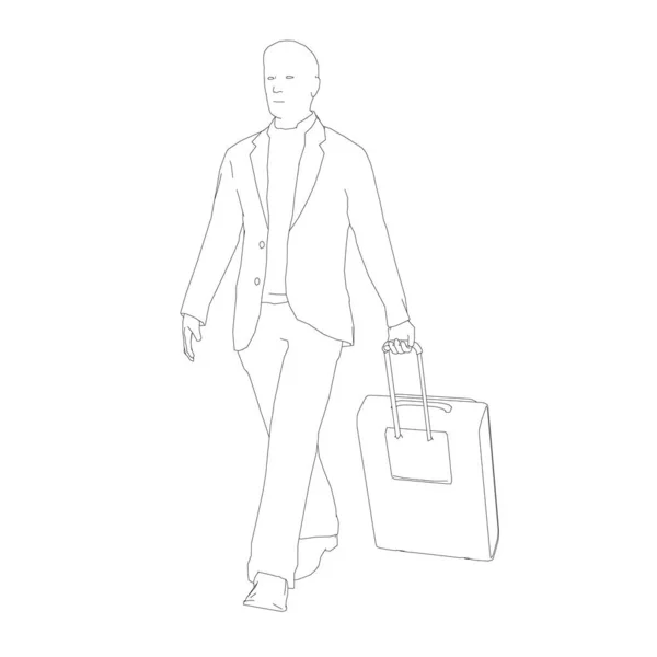 The contour of a walking man with a suitcase on wheels from black lines isolated on a white background. Vector illustration — Stock Vector