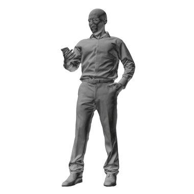 Erkek model, beyaz arka planda tek başına telefonuna bakıyor. Üç boyutlu. Vektör illüstrasyonu