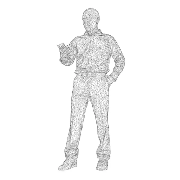 Wireframe d'un homme regardant dans son téléphone à la main à partir de lignes noires isolées sur fond blanc. 3D. Illustration vectorielle — Image vectorielle