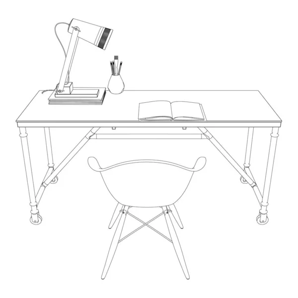 El contorno del puesto de trabajo con la mesa, la silla, el portátil y la lámpara. Vista frontal. Ilustración vectorial — Vector de stock