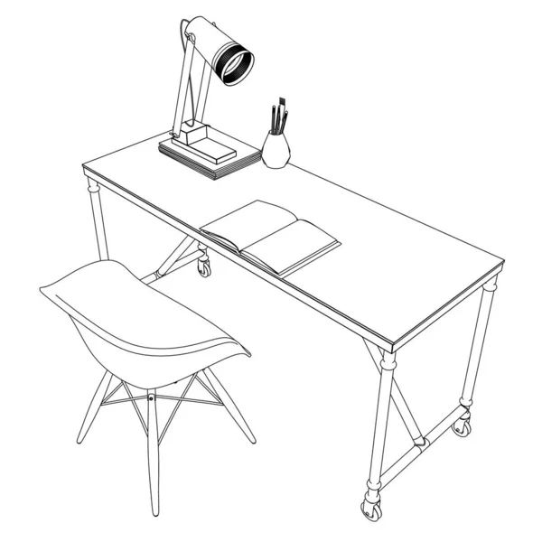 El contorno del puesto de trabajo con la mesa, la silla, el portátil y la lámpara. Vista isométrica. Ilustración vectorial — Vector de stock