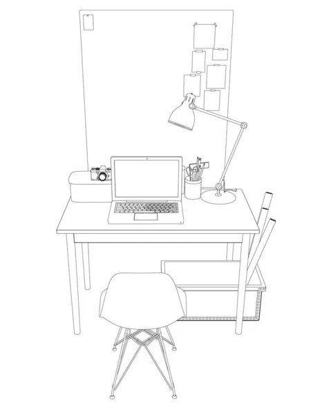 El contorno del puesto de trabajo con la mesa, la silla, el portátil, la lámpara, la cámara y los suministros de dibujo. Un póster para tus notas. Vista frontal. Ilustración vectorial — Vector de stock