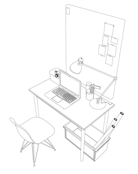 Contorno de um local de trabalho com uma mesa, cadeira, laptop, lâmpada, câmera e suprimentos de desenho. Um cartaz para as tuas notas. Vista isométrica. Ilustração vetorial — Vetor de Stock