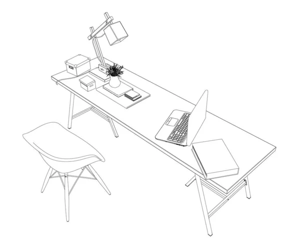 Contour d'un lieu de travail avec une table, une chaise, un ordinateur portable, une lampe, une fleur et des fournitures de dessin. Vue imprenable. Illustration vectorielle — Image vectorielle