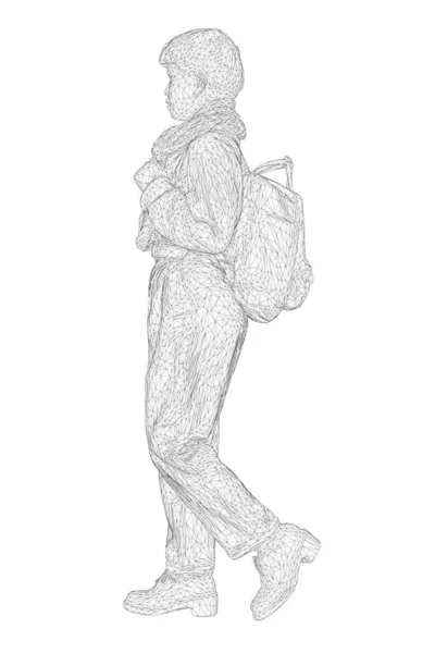 Drahtrahmen eines jungen Mädchens, das mit einem Rucksack hinter sich geht, mit einem Hut und einem Schal aus schwarzen Linien, isoliert auf weißem Hintergrund. Seitenansicht. 3D. Vektorillustration — Stockvektor