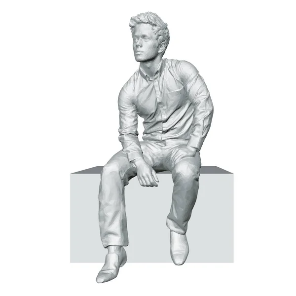 Modelo de un joven sentado en una caja aislada sobre un fondo blanco. 3D. Ilustración vectorial — Vector de stock
