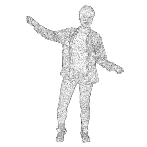 Wireframe de hombre riendo con los brazos levantados aislados sobre fondo blanco. 3D. Ilustración vectorial — Vector de stock