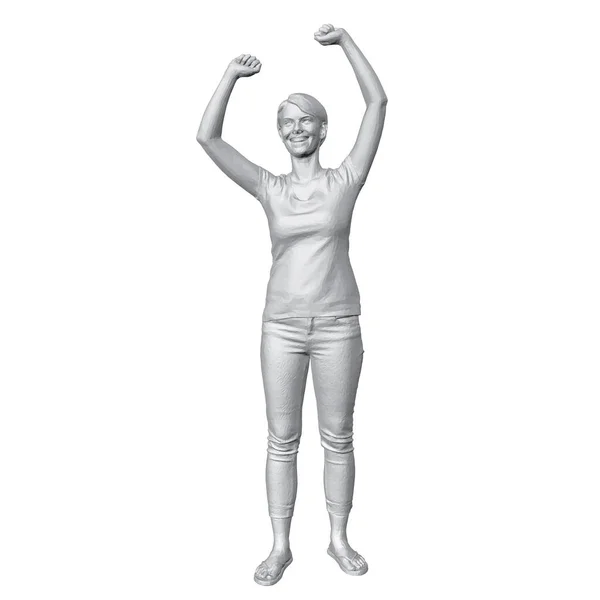 Modelo de una niña riendo con los brazos levantados aislados sobre fondo blanco. 3D. Ilustración vectorial — Vector de stock