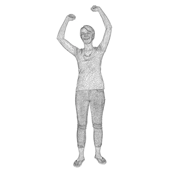 Drahtgestell eines lachenden Mädchens mit erhobenen Armen auf weißem Hintergrund. 3D. Vektorillustration — Stockvektor