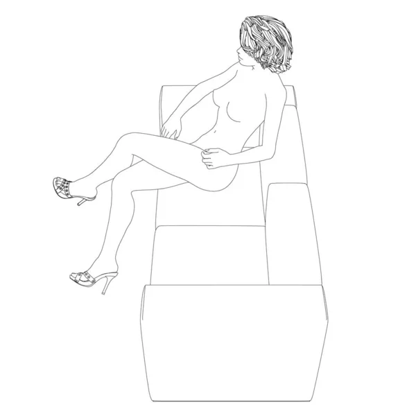 Контур оголеної дівчини лежить на дивані з чорних ліній, ізольованих на білому тлі. Вид збоку. Векторні ілюстрації — стоковий вектор