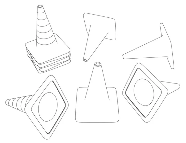 Set con contorni di coni stradali in diverse posizioni da linee nere Isolato su sfondo bianco. Illustrazione vettoriale — Vettoriale Stock