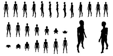 Beyaz arka planda izole edilmiş farklı pozisyonlardaki kız siluetleriyle dolu. Vektör illüstrasyonu