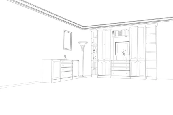 Contour de l'intérieur d'une chambre avec une armoire et une table à partir de lignes noires isolées sur un fond blanc. Illustration vectorielle — Image vectorielle