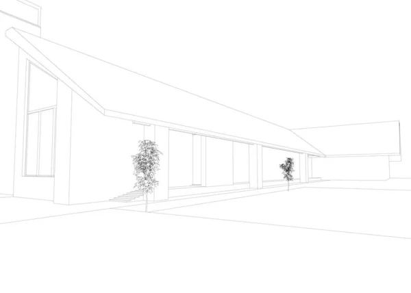 Casa contorno exterior com pequenas árvores de linhas pretas isoladas sobre fundo branco. Ilustração vetorial — Vetor de Stock