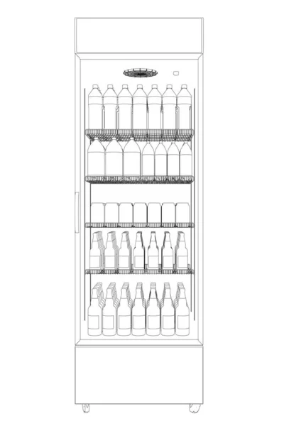 在一家商店的冰箱里转来转去，冰箱里装着瓶子和酒罐，它们都是用黑色线隔开的，白色背景。前面的景色矢量说明 — 图库矢量图片
