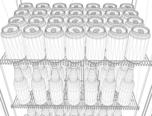 Каркас магазину холодильника з пляшками і баночками напоїв з чорних ліній ізольовані на білому тлі. 3D. Векторні ілюстрації — стоковий вектор