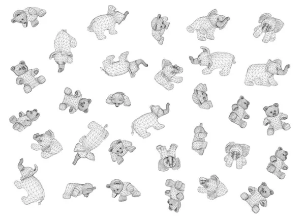 Zestaw z okablowanymi zabawkami słonia i pluszowego misia w różnych pozycjach izolowanych na białym tle. 3D. Ilustracja wektora — Wektor stockowy