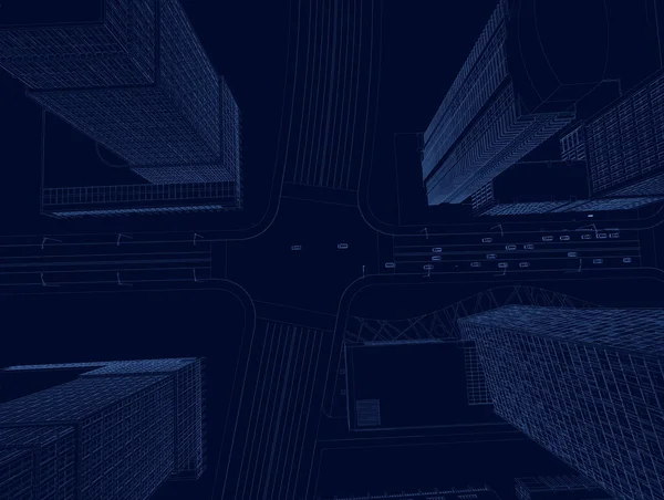 Wireframe de una intersección con coches de la ciudad con rascacielos de líneas azules aisladas sobre un fondo oscuro. Vista desde arriba. 3D. Ilustración vectorial — Archivo Imágenes Vectoriales