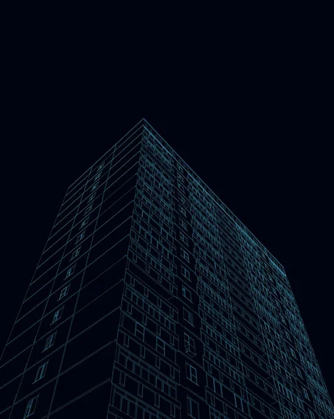 Kontur av ett flervåningshus från blå linjer isolerade på en mörk bakgrund. Bottenvy. 3D. Vektorillustration — Stock vektor