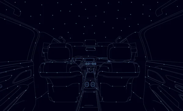 暗い背景に隔離された青い線から輝くライトと車内の輪郭。後部座席で車の中のビュー。3Dだ。ベクターイラスト — ストックベクタ