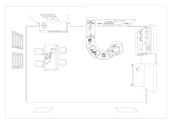 Contorno de la cocina con mesa y sillas de líneas negras aisladas sobre fondo blanco. Vista desde arriba. Ilustración vectorial — Archivo Imágenes Vectoriales