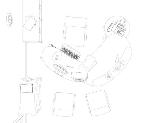 Bilgisayarı, monitörü, telefonu ve diğer siyah çizgilerle beyaz arka planda izole edilmiş bir ofis çalışanının çalışma alanı. Yukarıdan bak. Vektör illüstrasyonu — Stok Vektör
