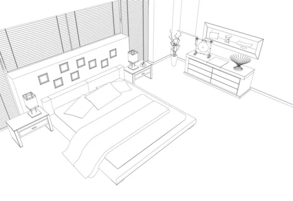 Контур спальни из черных линий изолирован на белом фоне. Перспективный взгляд. Векторная иллюстрация — стоковый вектор