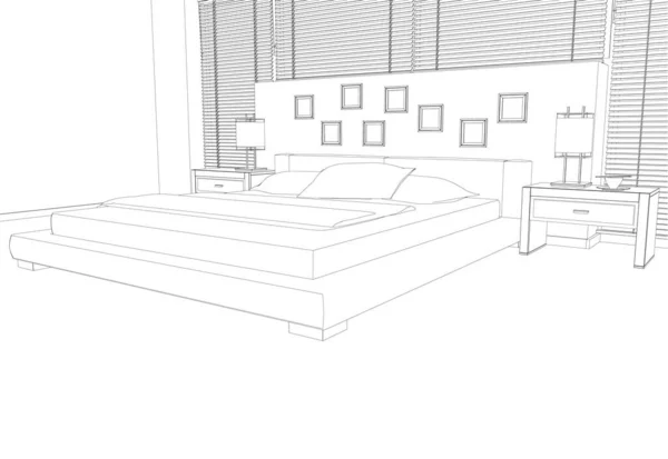 Kontur kamar tidur dari garis hitam terisolasi pada latar belakang putih. Pandangan perspektif. Ilustrasi vektor - Stok Vektor