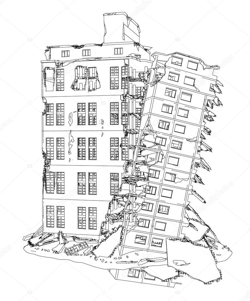 Contour of a destroyed building from black lines isolated on a white background. Vector illustration