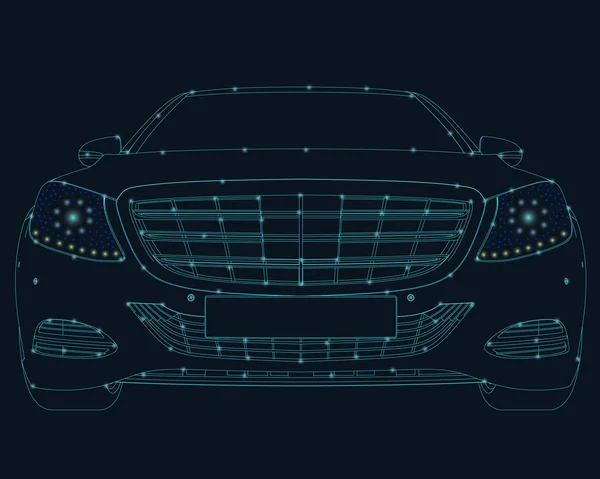 Контур автомобиля, выполненный из синих линий на темном фоне с светящимися огнями. Вид спереди. Векторная иллюстрация — стоковый вектор