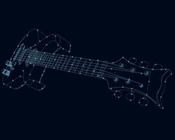 De contour van een gitaar gemaakt van blauwe lijnen op een donkere achtergrond met gloeiende lichten. Vectorillustratie — Stockvector