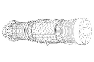 Beyaz arka planda izole edilmiş siyah çizgilerdeki bir uçak türbininin ayrıntılı hatları. Vektör illüstrasyonu