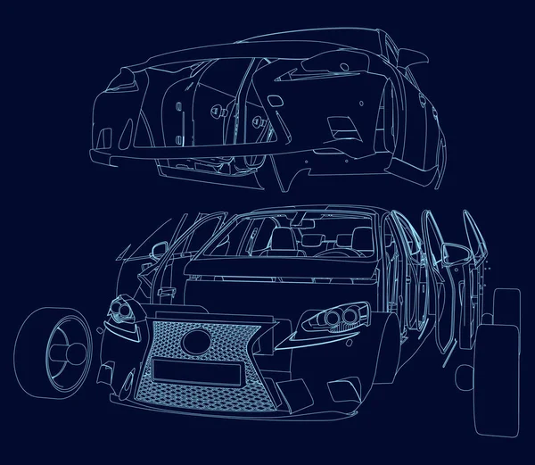 El contorno de un coche desmontado de líneas azules sobre un fondo oscuro. La carrocería del coche se desmonta en partes. Ilustración vectorial — Vector de stock