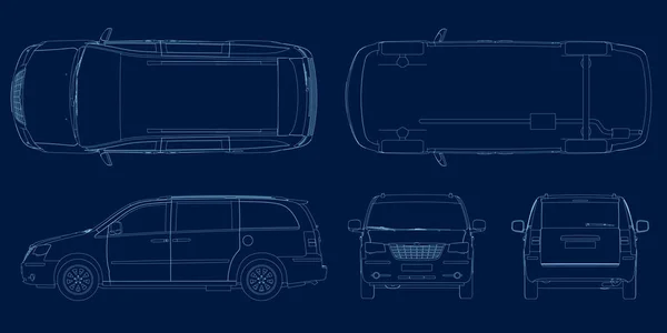 Set with the outline of the car in different positions from blue lines on a dark background. Side, front, back, top, bottom views. Vector illustration — Stock Vector