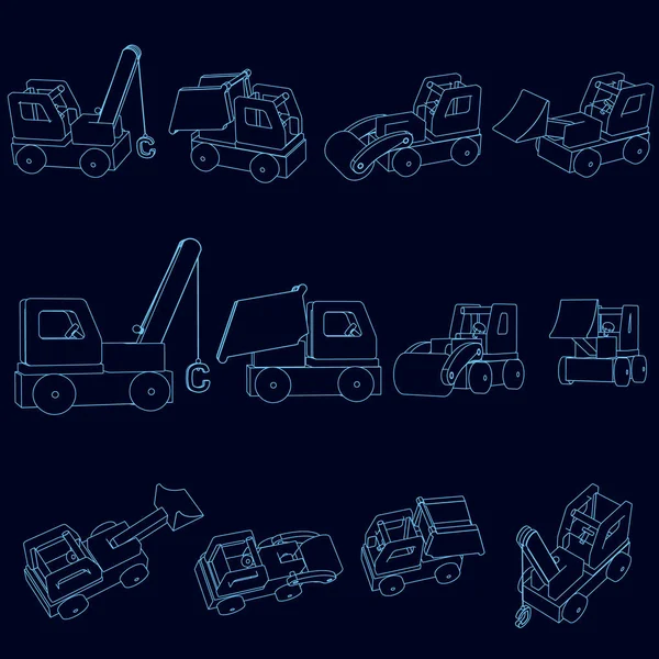 Set con contorno de juguete industrial de juguete de coches en diferentes posiciones de líneas azules sobre un fondo oscuro. Excavadora, excavadora, camión volquete, grúa. Ilustración vectorial — Archivo Imágenes Vectoriales