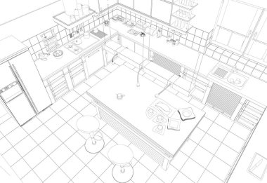 Mutfak eşyaları beyaz arka planda izole edilmiş. Bakış açısı. Vektör illüstrasyonu