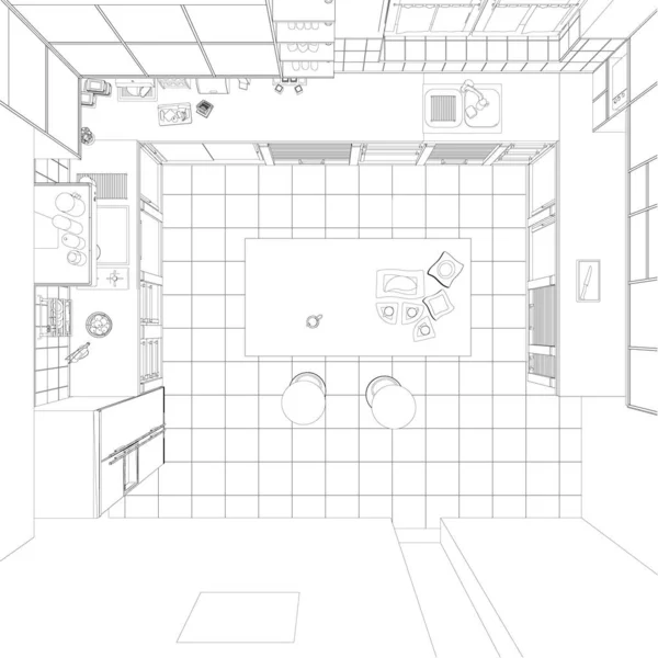 Contorno de uma cozinha com utensílios de cozinha isolados sobre um fundo branco. Vista de cima. Ilustração vetorial — Vetor de Stock