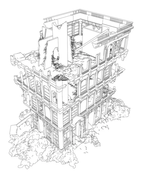 Contorno de un edificio destruido de líneas negras aisladas sobre un fondo blanco. Vista isométrica. Ilustración vectorial — Vector de stock