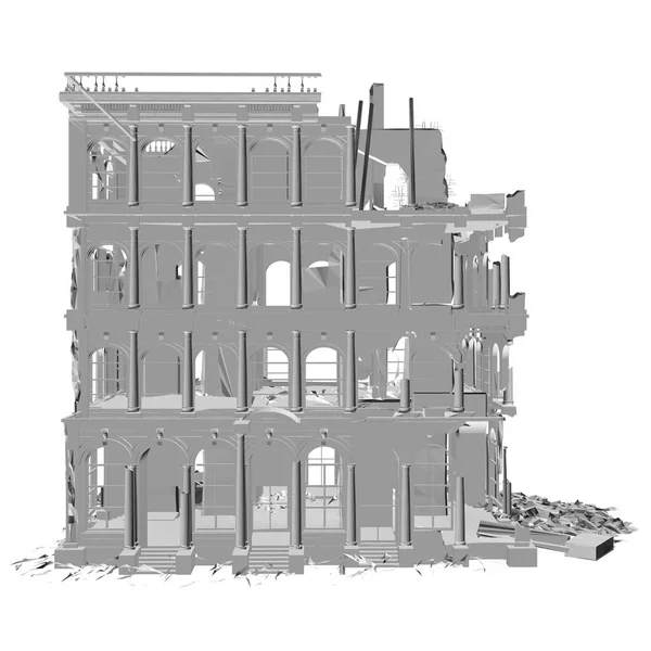 Zničená budova izolovaná na bílém pozadí. Boční pohled. Vektorová ilustrace — Stockový vektor