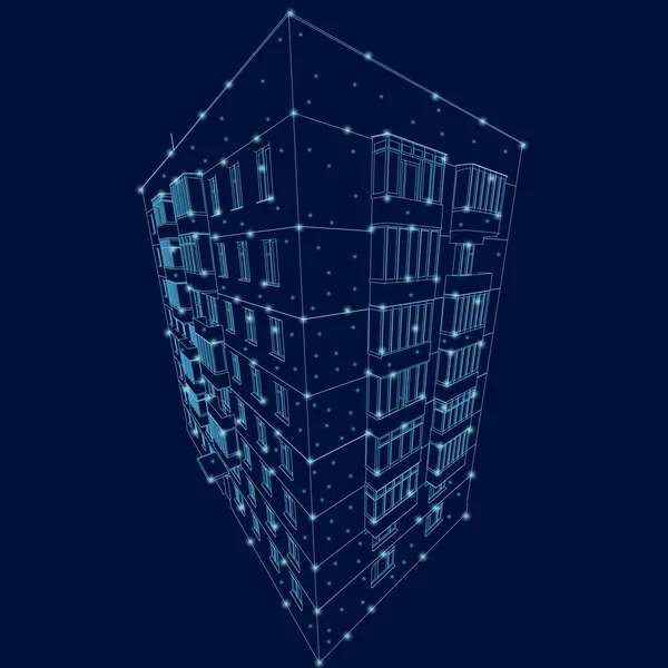 O contorno de um edifício de vários andares feito de linhas azuis em um fundo escuro com luzes brilhantes. 3D. Ilustração vetorial —  Vetores de Stock