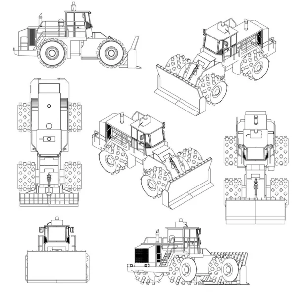 Ensemble avec les contours du bulldozer à partir de lignes noires Isolé sur fond blanc. 3D. Illustration vectorielle — Image vectorielle